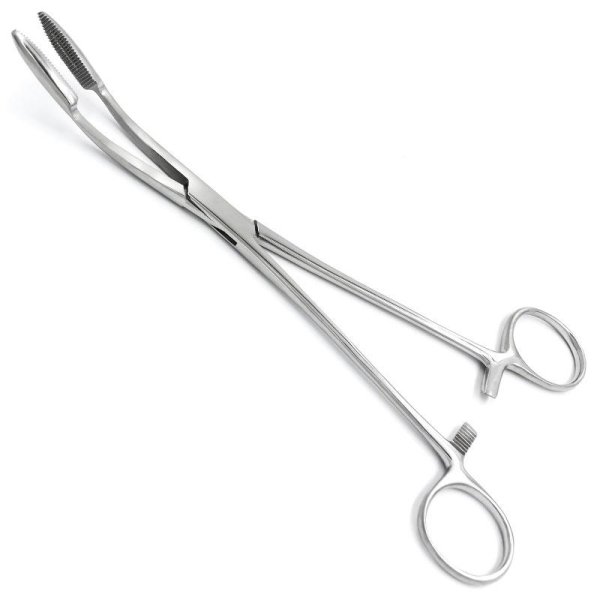 Корнцанг зігнутий, 230 мм Майєра, з кремальєрою